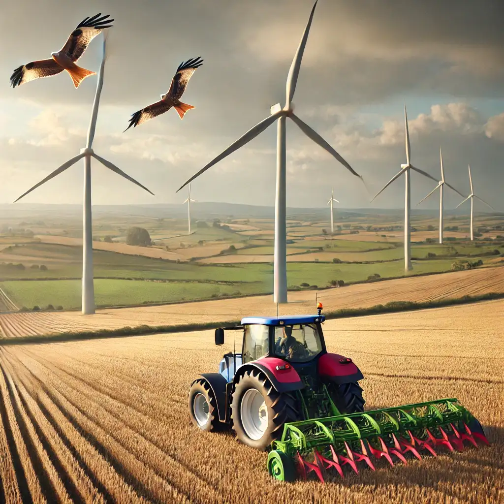 Ein Traktor arbeitet auf einem Feld, während im Hintergrund mehrere Windkraftanlagen zu sehen sind.