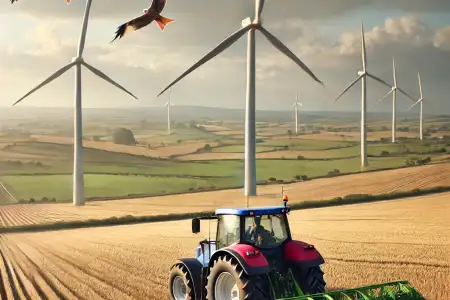 Ein Traktor arbeitet auf einem Feld, während im Hintergrund mehrere Windkraftanlagen zu sehen sind.