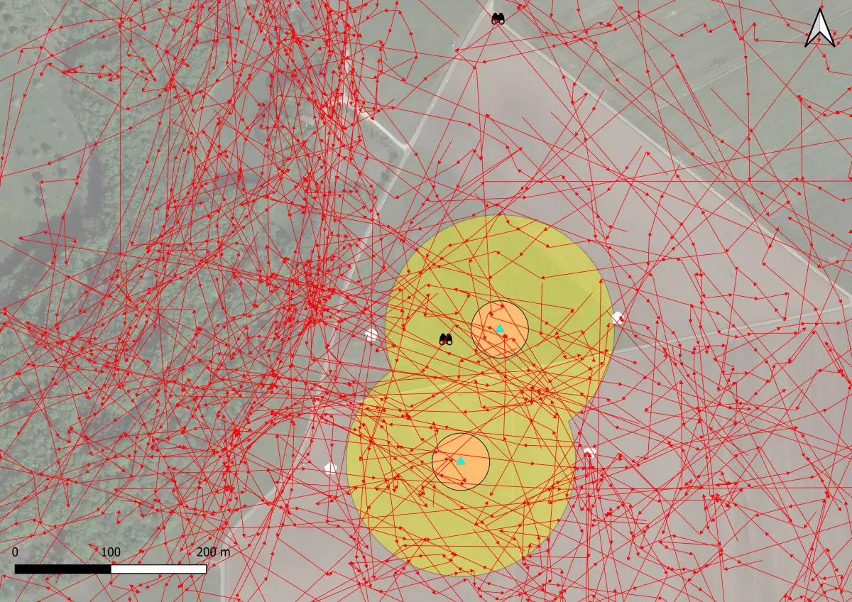 Karte des WINSENT Testfelds mit eingezeichneten Flugwegen der erfassten Rotmilane