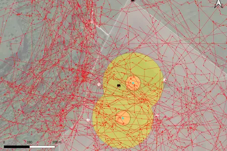 Karte des WINSENT Testfelds mit eingezeichneten Flugwegen der erfassten Rotmilane